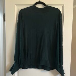 CeCe Green Boxy Long Sleeve Blouse with Mandarin Collar and sheer sleeves
